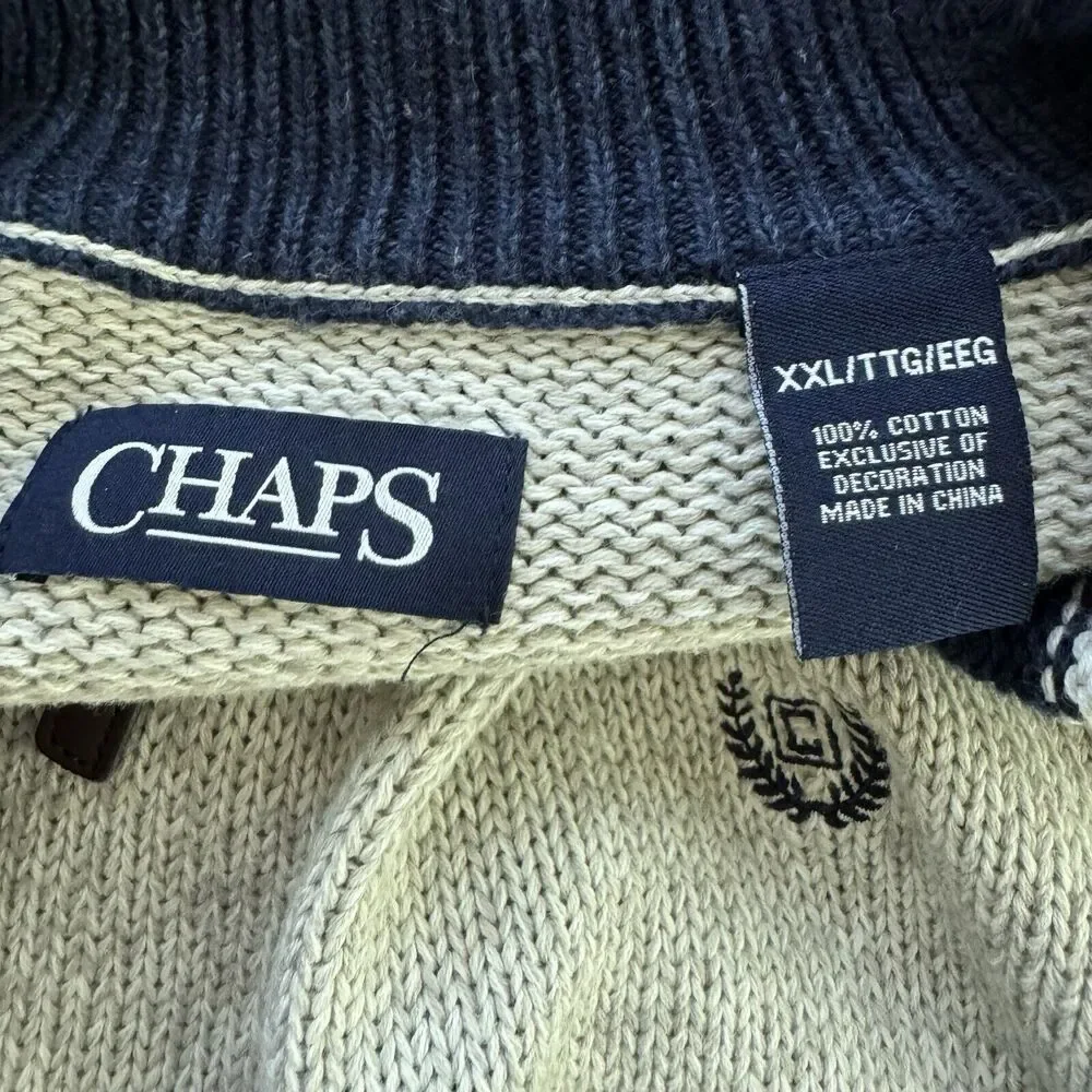 Chaps Ralph Lauren 1/4 Zip Pullover Knit Sweater Cotton Blue Beige Stripe XXL